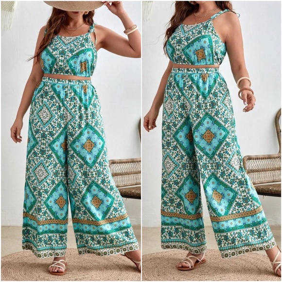 Pants - Boho Mint Patchwork Print Crop Top Palazzo Pants Set